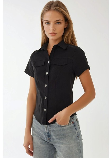 Kadın Regular Fit Kısa Kollu Gömlek Black
