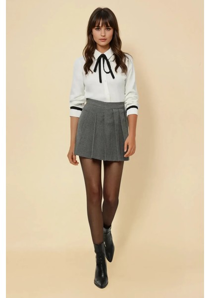 Kadın Pileli Mini Etek Grey