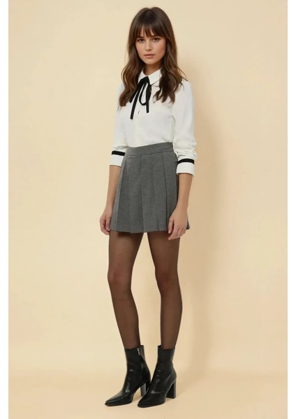 Kadın Pileli Mini Etek Grey