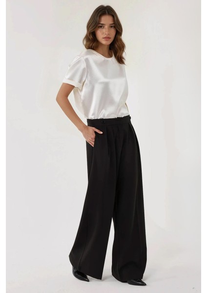 Kadın Yüksek Bel Plise Palazzo Pantolon Siyah