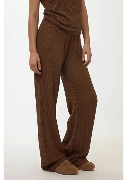 Kadın Rahat Kesim Wide Leg Dokulu Örme Pantolon Brown