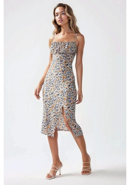 Kadın Yırtmaç Detaylı Çiçek Desenli Bodycon Midi Elbise Çok Renkli