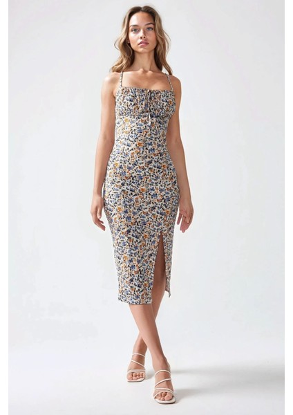 Kadın Yırtmaç Detaylı Çiçek Desenli Bodycon Midi Elbise Çok Renkli