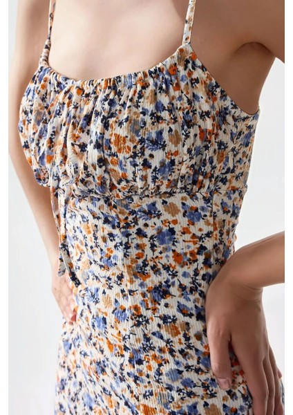 Kadın Yırtmaç Detaylı Çiçek Desenli Bodycon Midi Elbise Çok Renkli