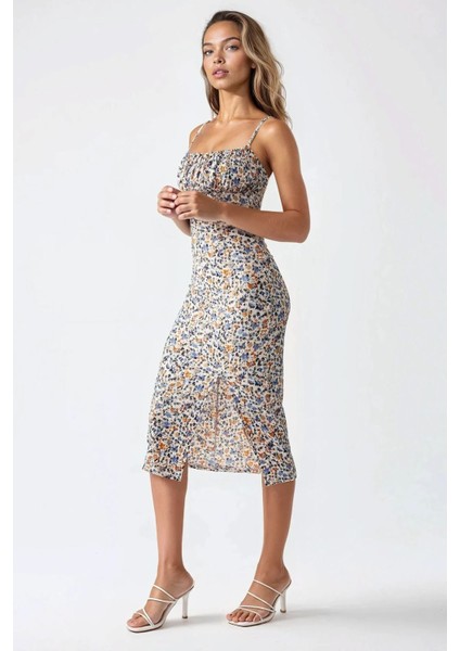 Kadın Yırtmaç Detaylı Çiçek Desenli Bodycon Midi Elbise Çok Renkli