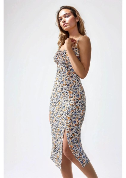 Kadın Yırtmaç Detaylı Çiçek Desenli Bodycon Midi Elbise Çok Renkli