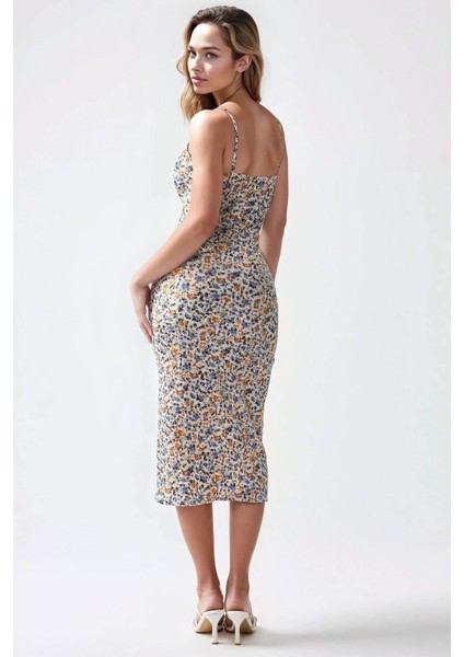 Kadın Yırtmaç Detaylı Çiçek Desenli Bodycon Midi Elbise Çok Renkli