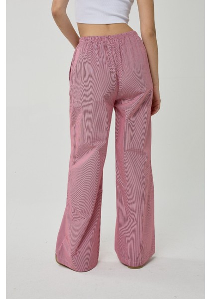 Kadın Beli Lastikli Pötikareli Pamuklu Pantolon Red