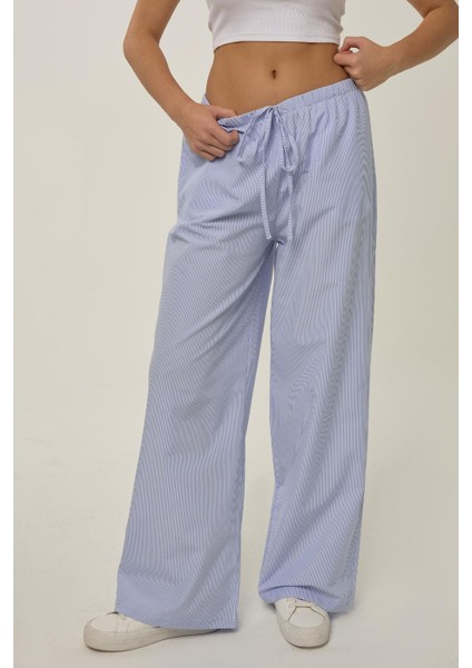 Kadın Beli Lastikli Çizgili Pamuklu Pijama Altı Mavi