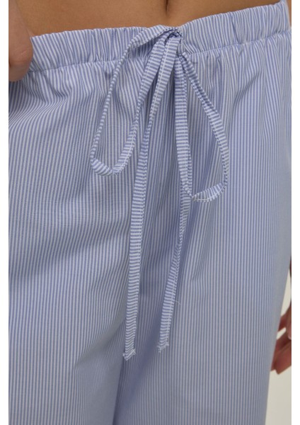 Kadın Beli Lastikli Çizgili Pamuklu Pijama Altı Mavi