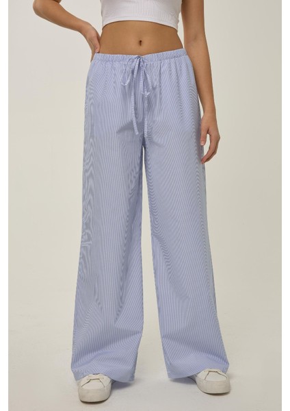Kadın Beli Lastikli Çizgili Pamuklu Pijama Altı Mavi