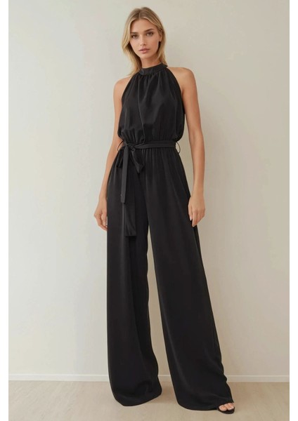 Kadın Geniş Paçalı Halter Yaka Kuşaklı Şık Tulum Siyah
