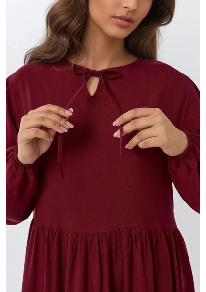 Kadın A-Form Fit ve Bisiklet Yaka Modest Dokulu Elbise Bordo Kırmızı