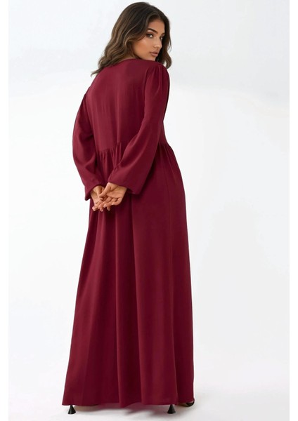 Kadın A-Form Fit ve Bisiklet Yaka Modest Dokulu Elbise Bordo Kırmızı