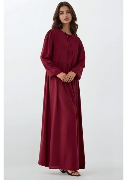 Kadın A-Form Fit ve Bisiklet Yaka Modest Dokulu Elbise Bordo Kırmızı