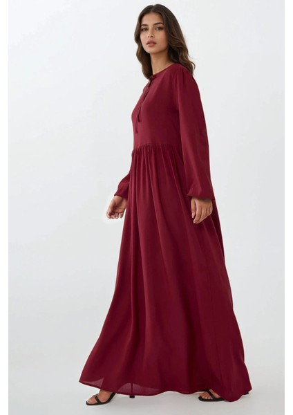 Kadın A-Form Fit ve Bisiklet Yaka Modest Dokulu Elbise Bordo Kırmızı