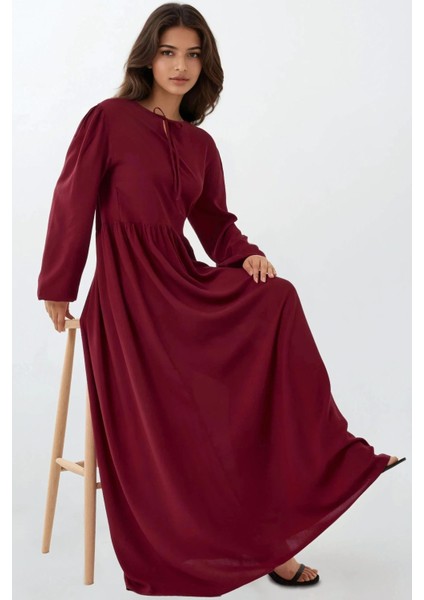 Kadın A-Form Fit ve Bisiklet Yaka Modest Dokulu Elbise Bordo Kırmızı