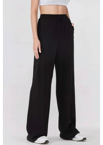 Kadın Wide Leg Beli Lastikli Örme Eşofman Altı Siyah
