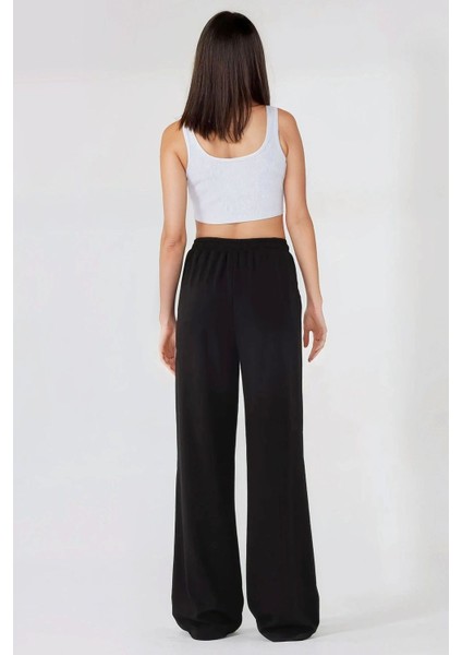 Kadın Wide Leg Beli Lastikli Örme Eşofman Altı Siyah