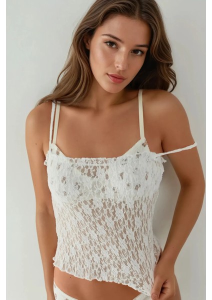 Kadın Dokulu Kare Yaka Dantel Örme Askılı Üst White