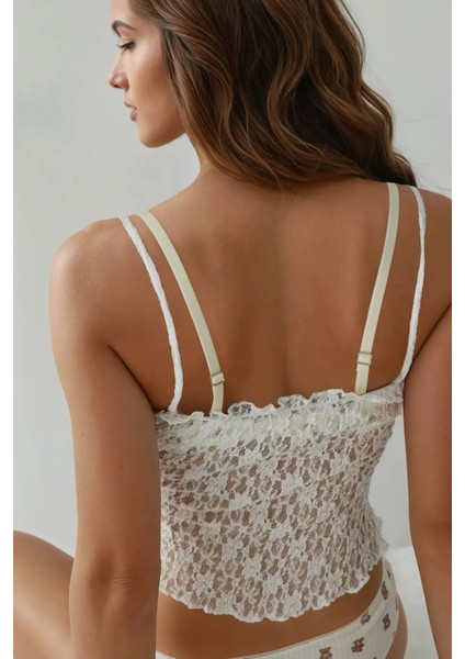 Kadın Dokulu Kare Yaka Dantel Örme Askılı Üst White