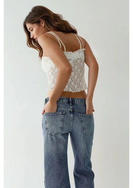 Kadın Dokulu Kare Yaka Dantel Örme Askılı Üst White