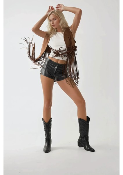 Kadın Suni Deri Hot Şort Siyah