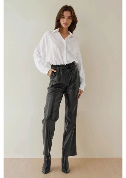 Kadın Suni Deri Esnek Bel Düz Paça Pantolon Black