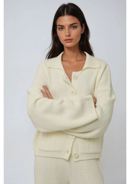 Kadın Dokulu Düğmeli Triko Hırka Fildişi Doğal