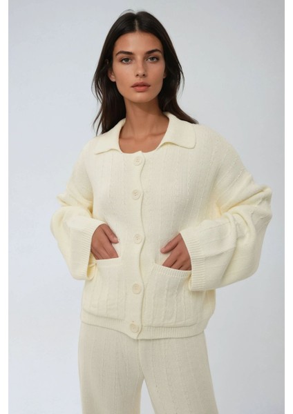 Kadın Dokulu Düğmeli Triko Hırka Fildişi Doğal