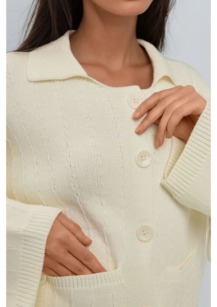 Kadın Dokulu Düğmeli Triko Hırka Fildişi Doğal
