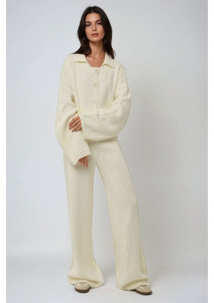 Kadın Dokulu Düğmeli Triko Hırka Fildişi Doğal
