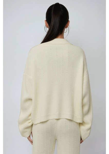 Kadın Dokulu Düğmeli Triko Hırka Fildişi Doğal