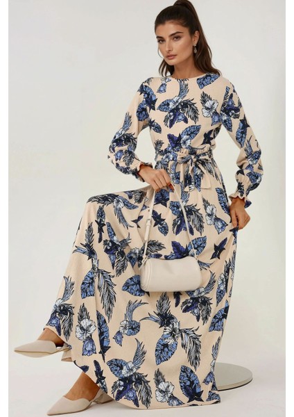 Kadın Çiçek Desenli Uzun Kol Kuşaklı Örme Modest Elbise Natural