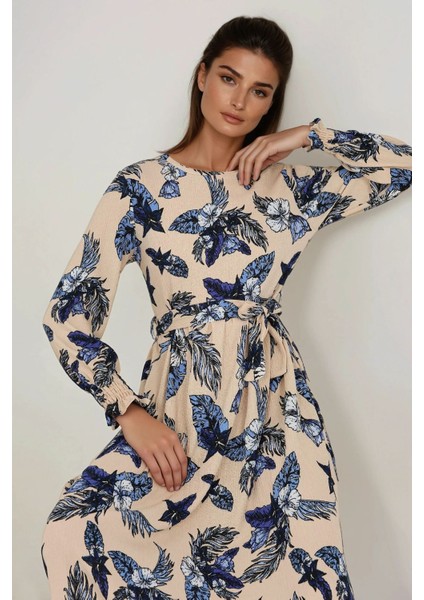 Kadın Çiçek Desenli Uzun Kol Kuşaklı Örme Modest Elbise Natural