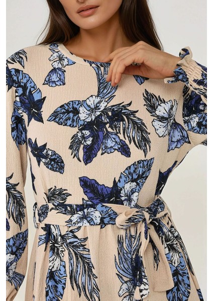 Kadın Çiçek Desenli Uzun Kol Kuşaklı Örme Modest Elbise Natural