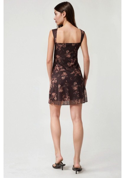 Kadın Kalp Yaka Puantiyeli Mini Tül Elbise Mocha Kahvesi