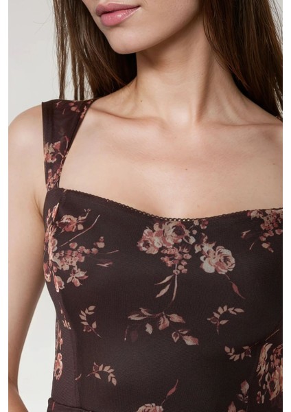 Kadın Kalp Yaka Puantiyeli Mini Tül Elbise Mocha Kahvesi