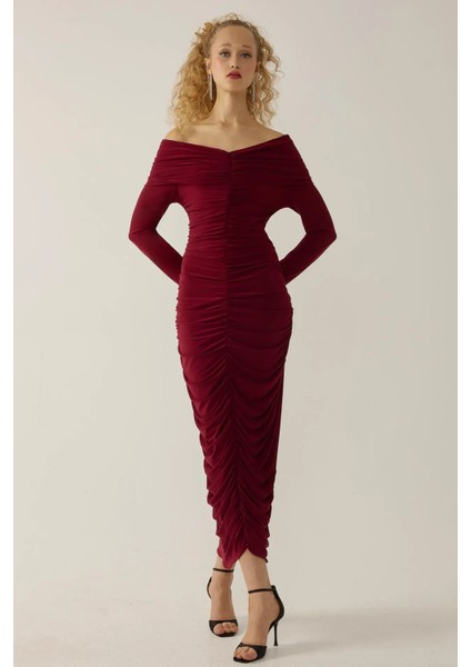 Kadın Drapeli Off Shoulder Bodycon Maxi Elbise Bordo Kırmızı