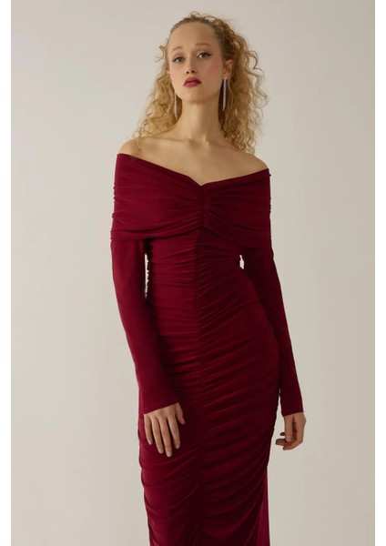 Kadın Drapeli Off Shoulder Bodycon Maxi Elbise Bordo Kırmızı