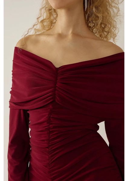 Kadın Drapeli Off Shoulder Bodycon Maxi Elbise Bordo Kırmızı