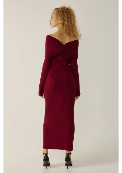 Kadın Drapeli Off Shoulder Bodycon Maxi Elbise Bordo Kırmızı