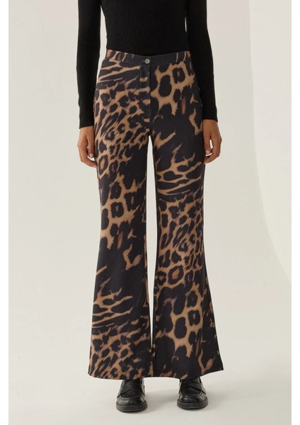 Kadın Yüksek Bel Leopar Desenli Flare Pantolon Kestane Kahvesi
