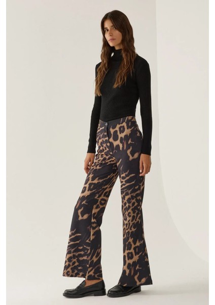 Kadın Yüksek Bel Leopar Desenli Flare Pantolon Kestane Kahvesi