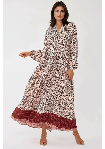 Kadın Gömlek Yaka Desenli Modest Elbise Tuğla Kırmızısı