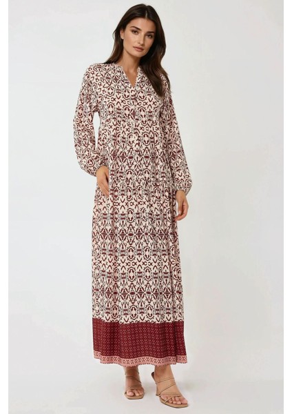 Kadın Gömlek Yaka Desenli Modest Elbise Tuğla Kırmızısı