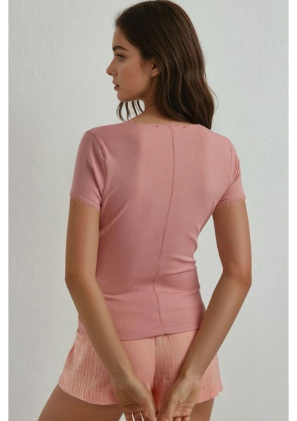 Kadın Düğme Detaylı Dokulu Dantel Şeritli Üst Pink