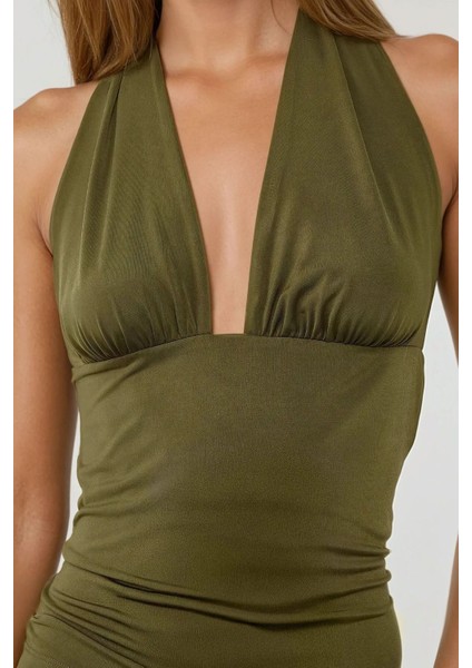 Kadın Derin V Yaka Slim Fit Örme Bluz Green