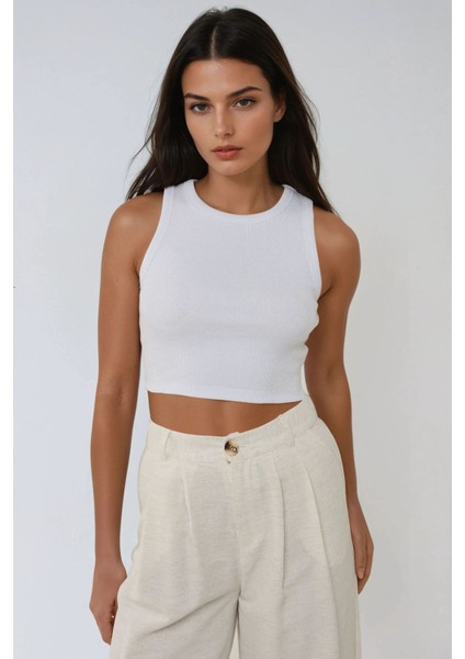 Kadın Halter Yaka Fitilli Kısa Örme Askılı Üst White