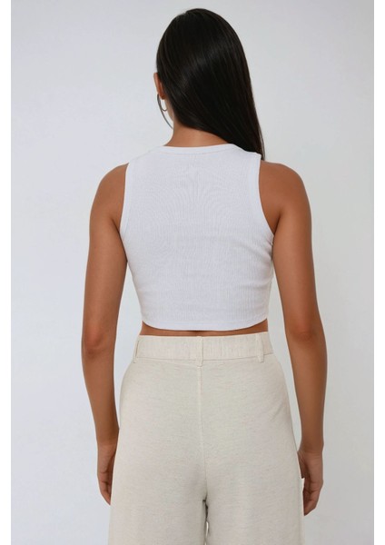 Kadın Halter Yaka Fitilli Kısa Örme Askılı Üst White